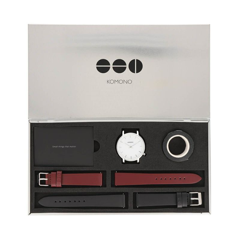 【ギフトパック】KOMONO / コモノ ハーロウ シルバー グロッシー ケース バーガンディーレザーベルト ブラックレザーベルト ▲の公式ECサイト掲載画像