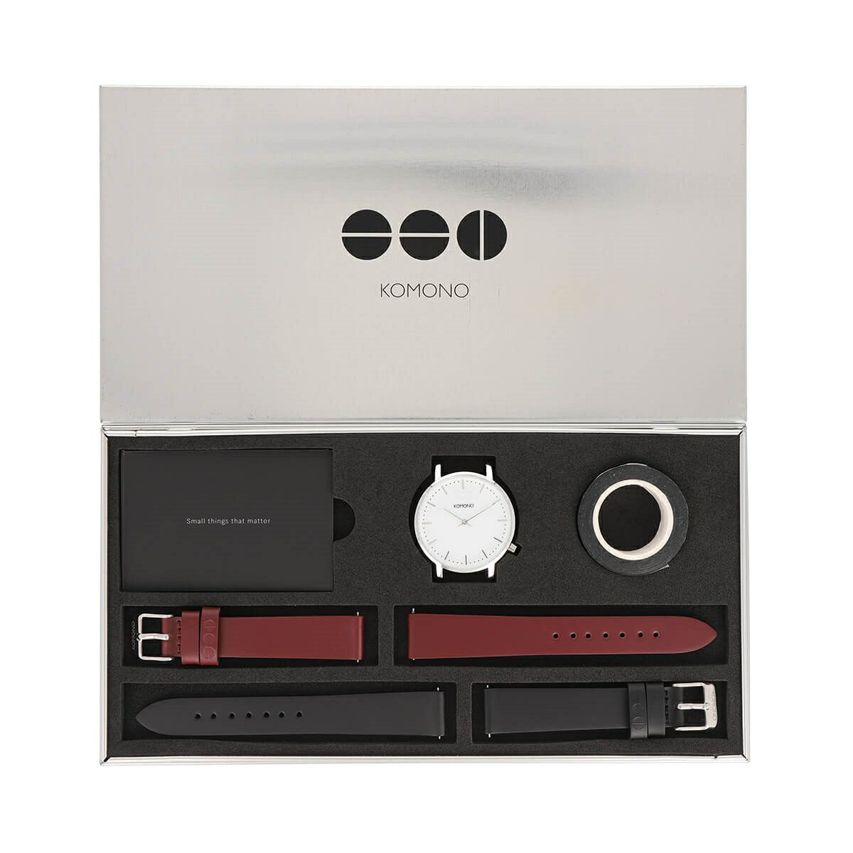 【ギフトパック】KOMONO / コモノ ハーロウ シルバー グロッシー ケース バーガンディーレザーベルト ブラックレザーベルト ▲の公式ECサイト掲載画像