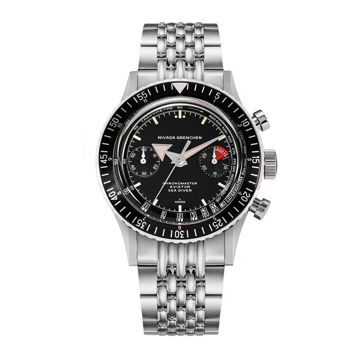 Nivada Grenchen /ニバダ グレンヒェン クロノマスター ブロードアロー ブラック マニュアルワインド ライスブレスレットの公式ECサイト掲載画像