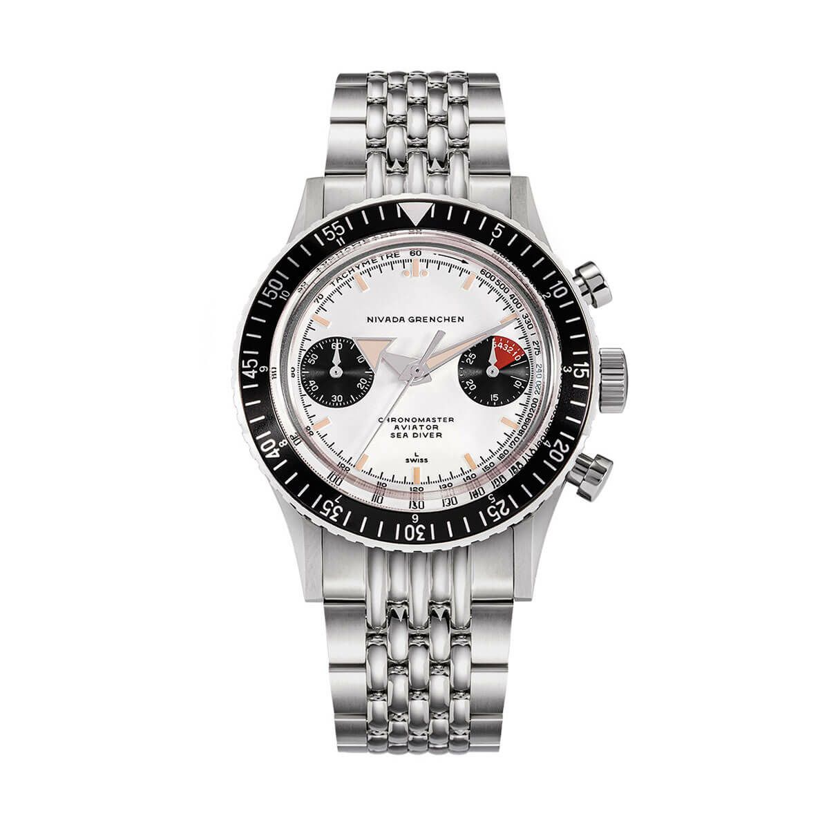 Nivada Grenchen /ニバダ グレンヒェン クロノマスター ブロードアロー パンダ マニュアルワインド ライスブレスレットの公式ECサイト掲載画像