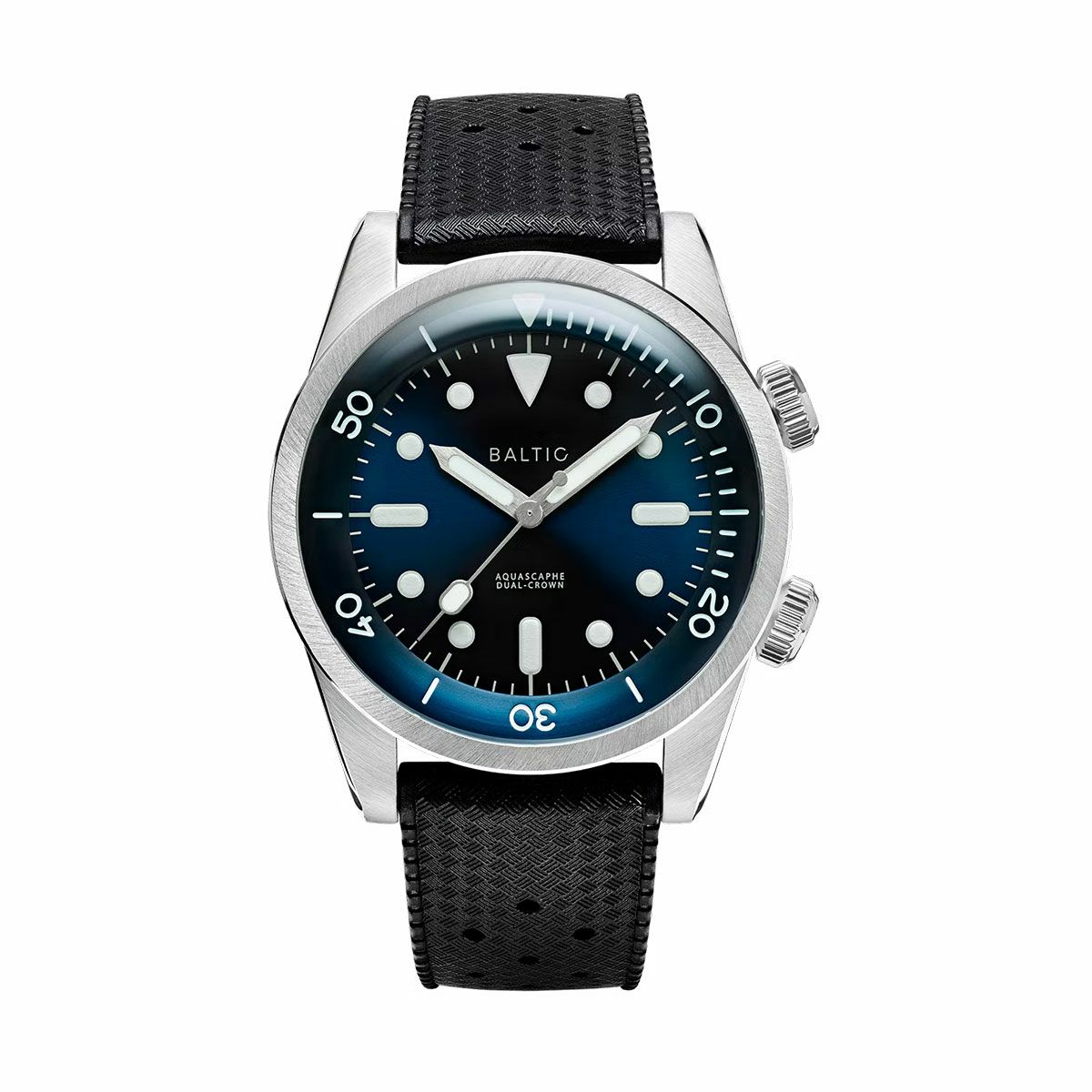 【受注販売】BALTIC WATCHES / バルチック コンプレッサー ダイバー ウォッチ ブルーダイアル オートマチック デュアルクラウン ブラックトロピックラバーベルトの公式ECサイト掲載画像