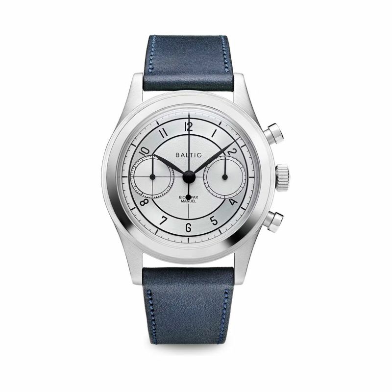BALTIC WATCHES / バルチック バイコンパックス 002 クロノグラフ シルバー スケルトンケースバック ネイビーブルーレザーストラップ  メンズ 男性用 腕時計 おしゃれ ブランド