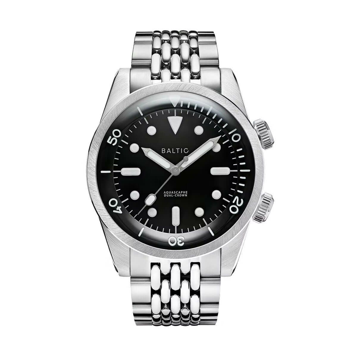 【受注販売】BALTIC WATCHES / バルチック コンプレッサー ダイバー ウォッチ ブラックダイアル オートマチック デュアルクラウン ステンレススチール ライス ブレスレットの公式ECサイト掲載画像