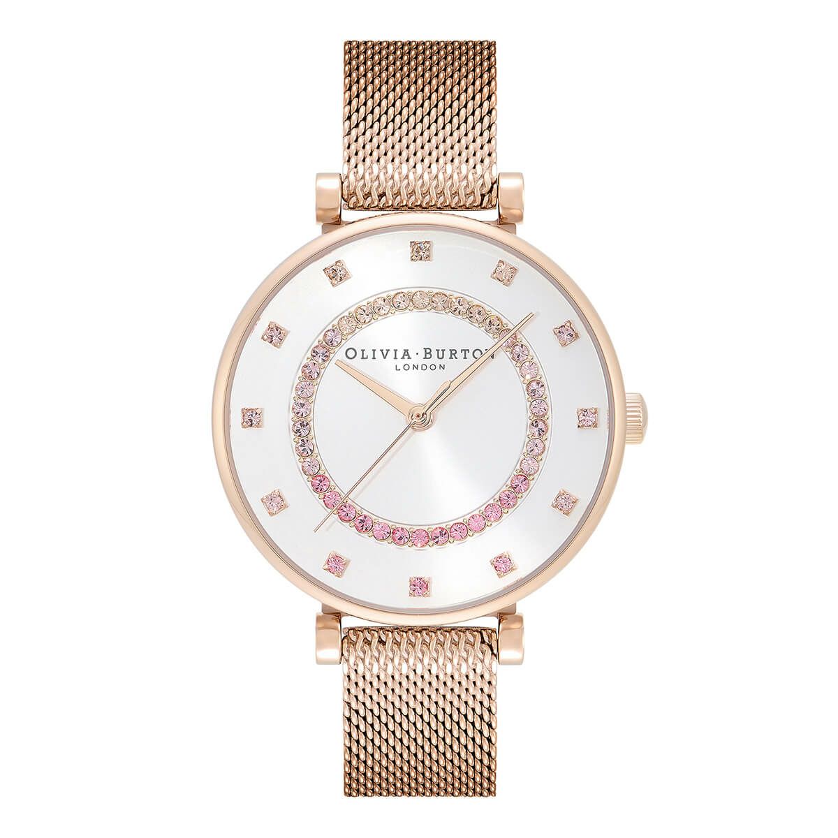 OLIVIA BURTON / オリビア・バートン ベルグレイブ - 32mm ティーバー ホワイト & カーネーションゴールドメッシュの公式ECサイト掲載画像