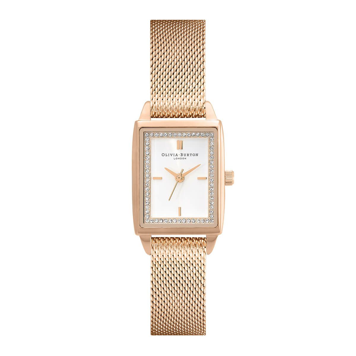 OLIVIA BURTON / オリビア・バートン タウンハウス - 21mm レクタングル ホワイト & カーネーションゴールドメッシュの公式ECサイト掲載画像