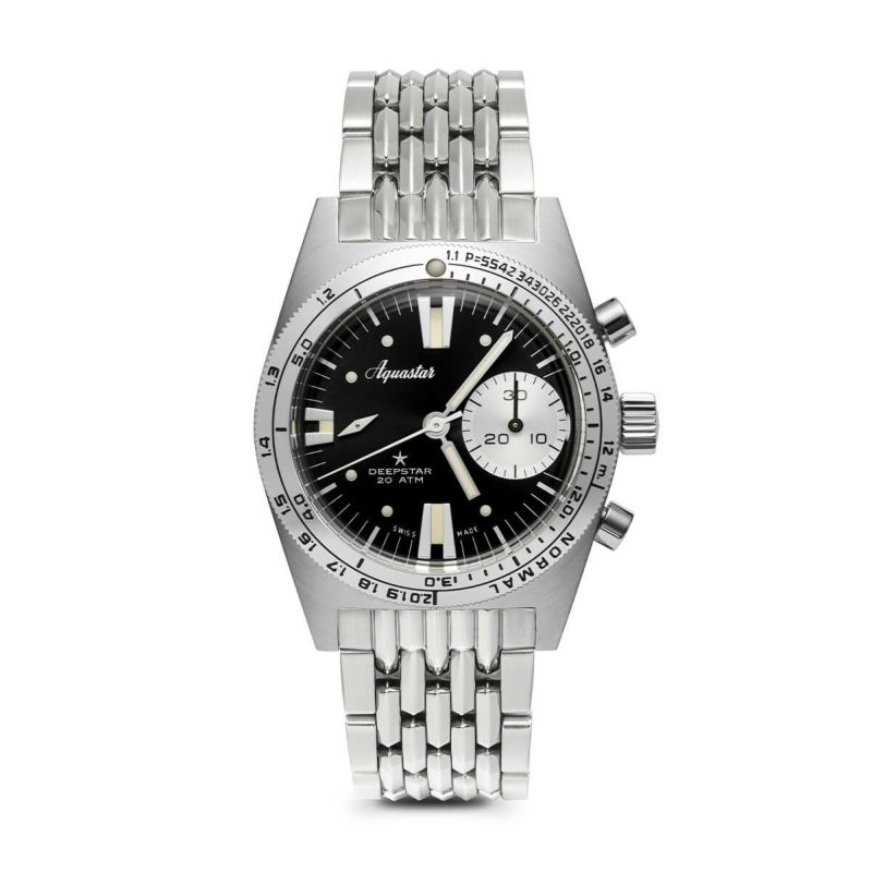 AQUASTAR/アクアスター 2022 Aquastar Deepstar 39mm Chronograph vintage Black BOR braceletの公式ECサイト掲載画像