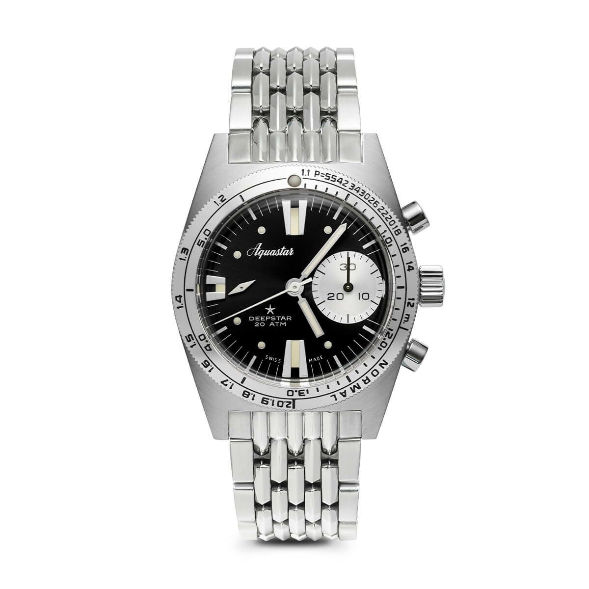 AQUASTAR/アクアスター 2022 Aquastar Deepstar 39mm Chronograph vintage Black BOR braceletの公式ECサイト掲載画像