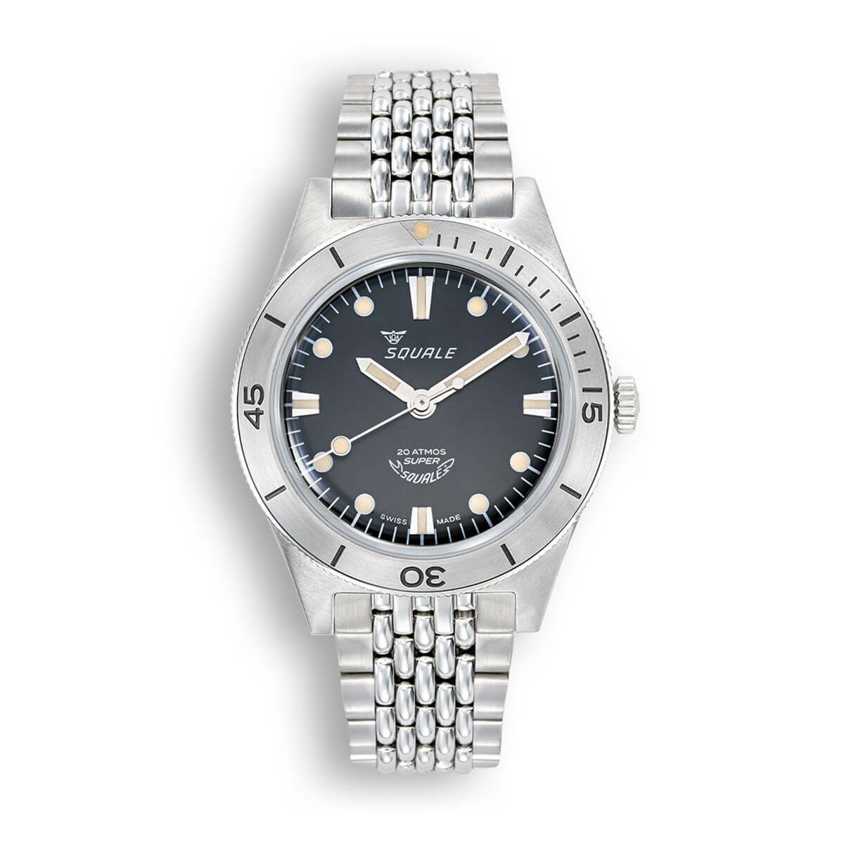 SQUALE / スクワーレ Super-Squale サンレイ ブラック ブレスレット / サテングレースチールベゼル サンレイブラックダイヤル BOR シルバー ステンレススチール ブレスレット 18mmの公式ECサイト掲載画像