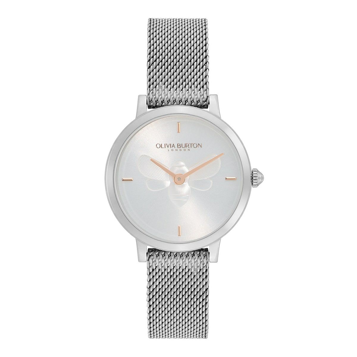 OLIVIA BURTON / オリビア・バートン シグネチャー - 28mm ビー ウルトラ スリム メタリック ホワイト ＆ シルバー メッシュ ウォッチの公式ECサイト掲載画像