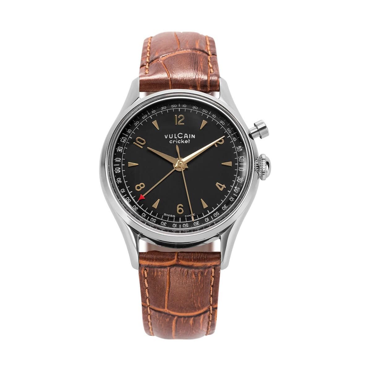 VULCAIN / ヴァルカン クリケット トラディション 36mm ステンレススティール ケース サファイア ケースバック セミマット ブラック ダイヤル ゴールド インデックス ブラウン カーフレザー イミテーション アリゲーター ストラップ スチール ピンバックルの公式ECサイト掲載画像