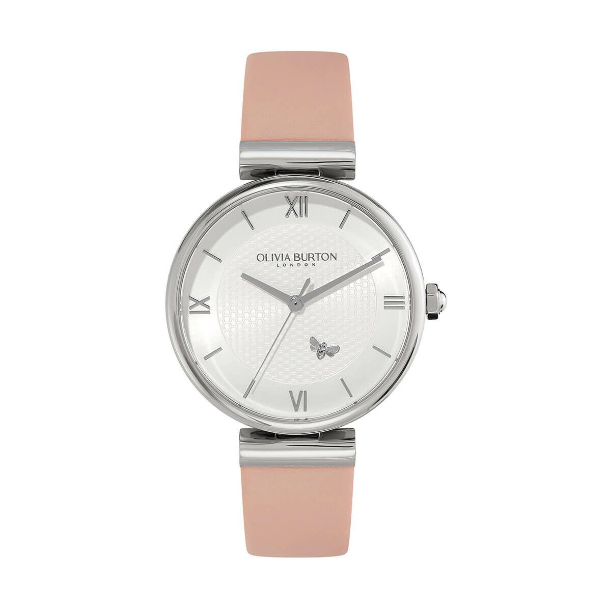 OLIVIA BURTON / オリビア・バートン シグネチャー - 36mm ミニマ ビー T バーシルバー ホワイト & ブラッシュ レザー ストラップ ウォッチの公式ECサイト掲載画像