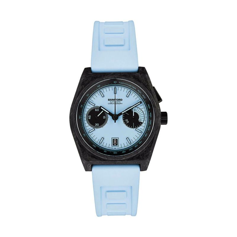 BAMFORD / バンフォード B347 ブラック カーボン アクアブルー クロノグラフ ラバー ストラップの公式ECサイト掲載画像