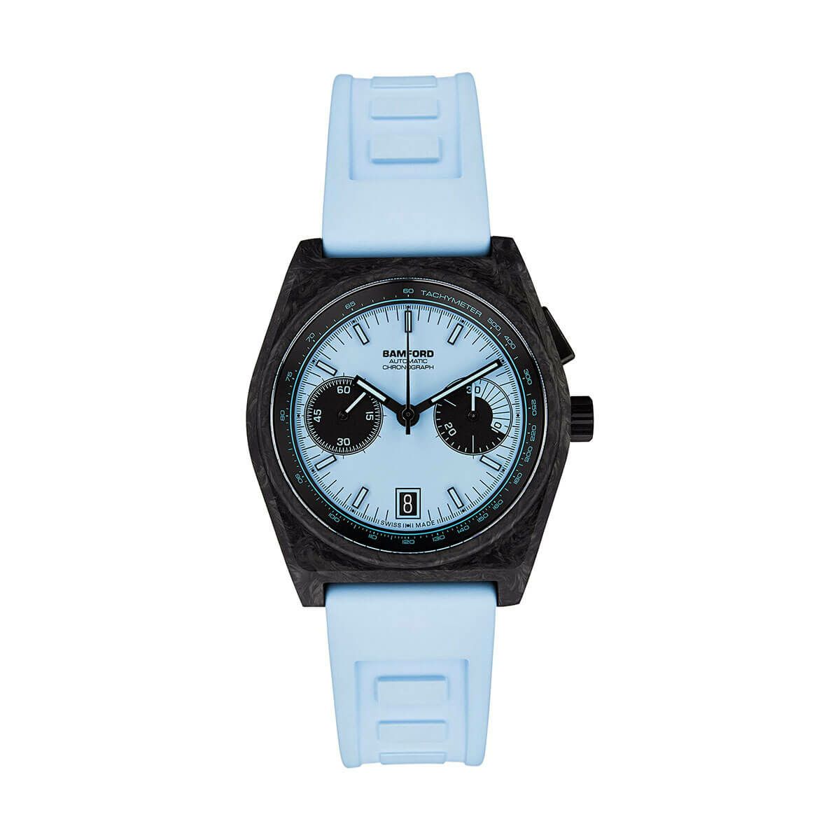 BAMFORD / バンフォード B347 ブラック カーボン アクアブルー クロノグラフ ラバー ストラップの公式ECサイト掲載画像