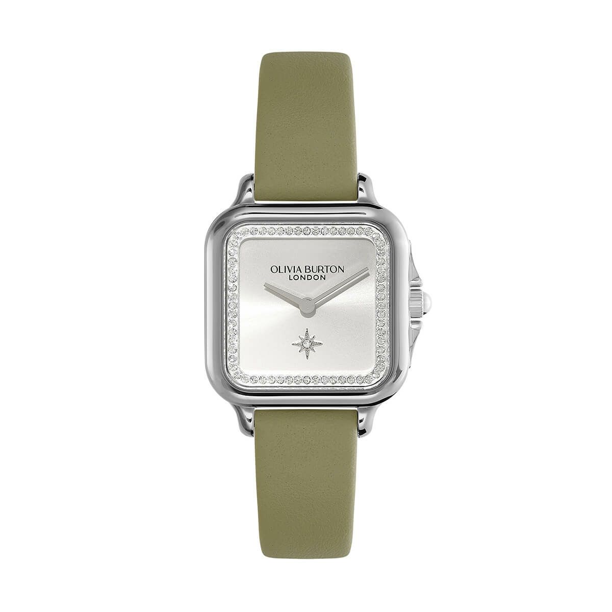 OLIVIA BURTON / オリビア・バートン クラシック - 28mm グロブナー クリスタル シルバー サンレイ セージ レザーの公式ECサイト掲載画像