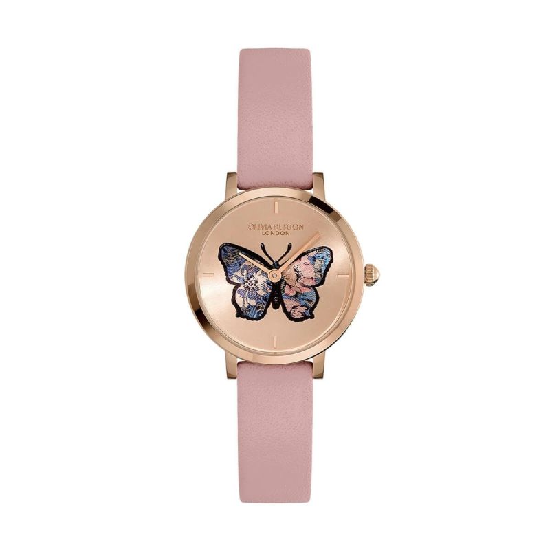 OLIVIA BURTON / オリビア・バートン シグネチャー - 28mm シグネチャー バタフライ ウルトラスリム ローズゴールド サンレイ フローラル メロウローズ レザーの公式ECサイト掲載画像