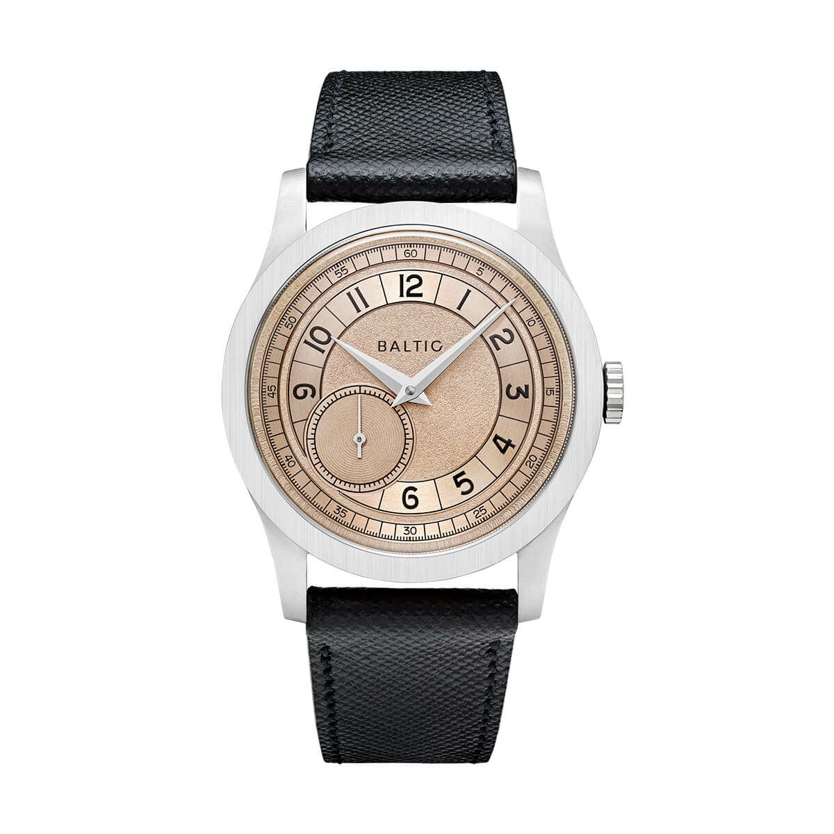 BALTIC WATCHES / バルチック マイクロローター ルーレット サーモン / ブラックサフィアーノ レザー ストラップ MR Roulette Salmonの公式ECサイト掲載画像