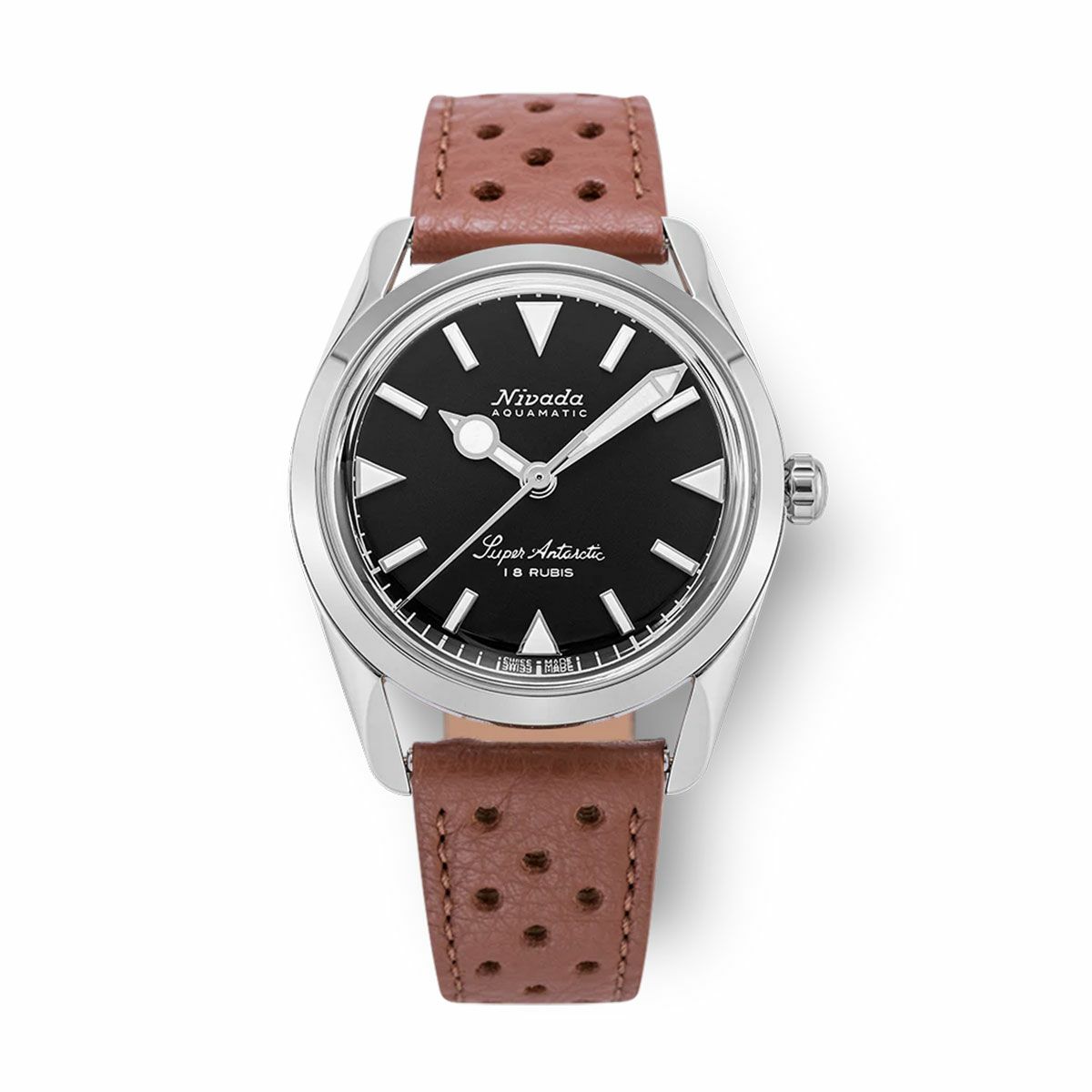 Nivada Grenchen / ニバダ グレンヒェン スーパーアンタークティック 35mm ブラック ホワイトマーカー ルミノバ ブラウン レザーレーシングストラップの公式ECサイト掲載画像