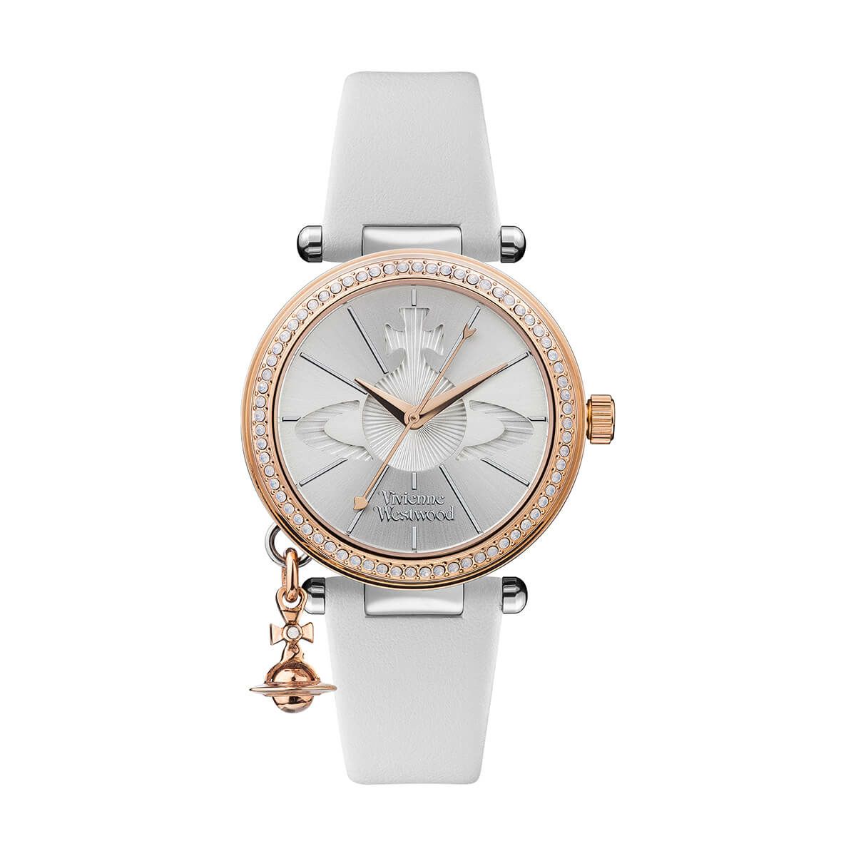 Vivienne Westwood / ヴィヴィアンウエストウッド オーブ パステル レディース クォーツ ウォッチ、シルバー ダイヤル & ホワイト レザー ストラップの公式ECサイト掲載画像