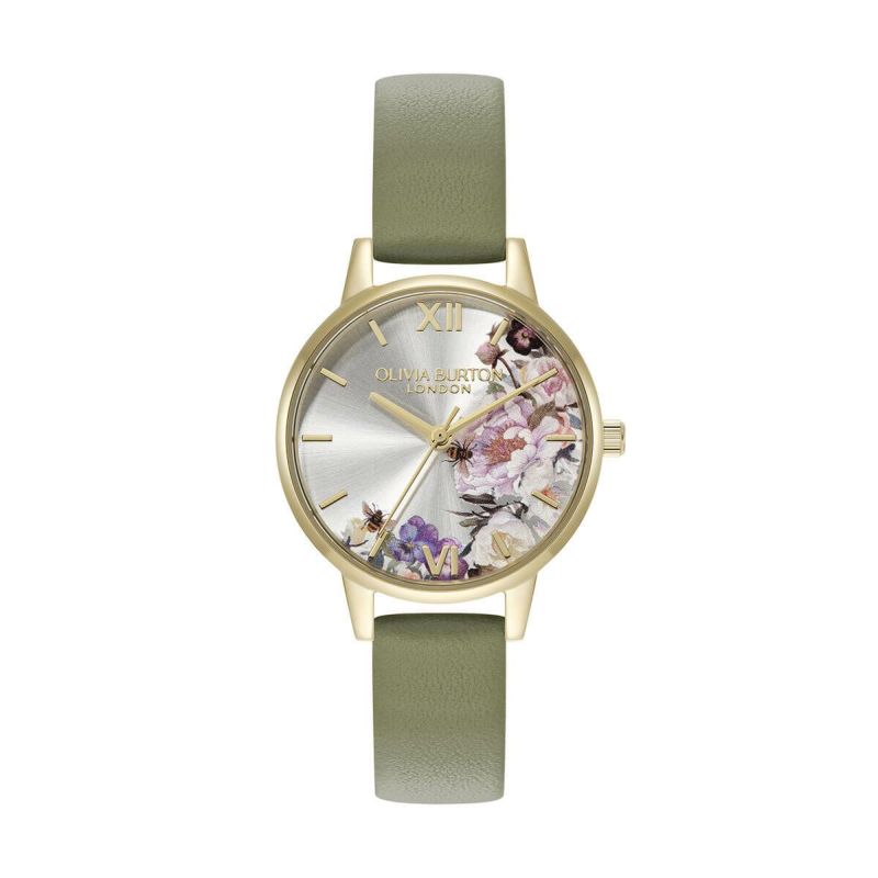 OLIVIA BURTON / オリビア・バートン イラストレーテッドフローラル - ミディ アイボリー ゴールド セージグリーン レザーの公式ECサイト掲載画像