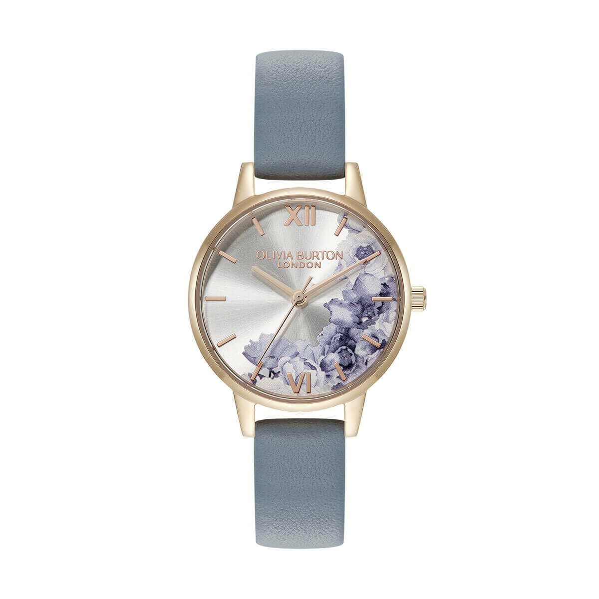 OLIVIA BURTON / オリビア・バートン イラストレーテッドフローラル - ミディ アイボリー ローズゴールド チョークブルー レザーの公式ECサイト掲載画像