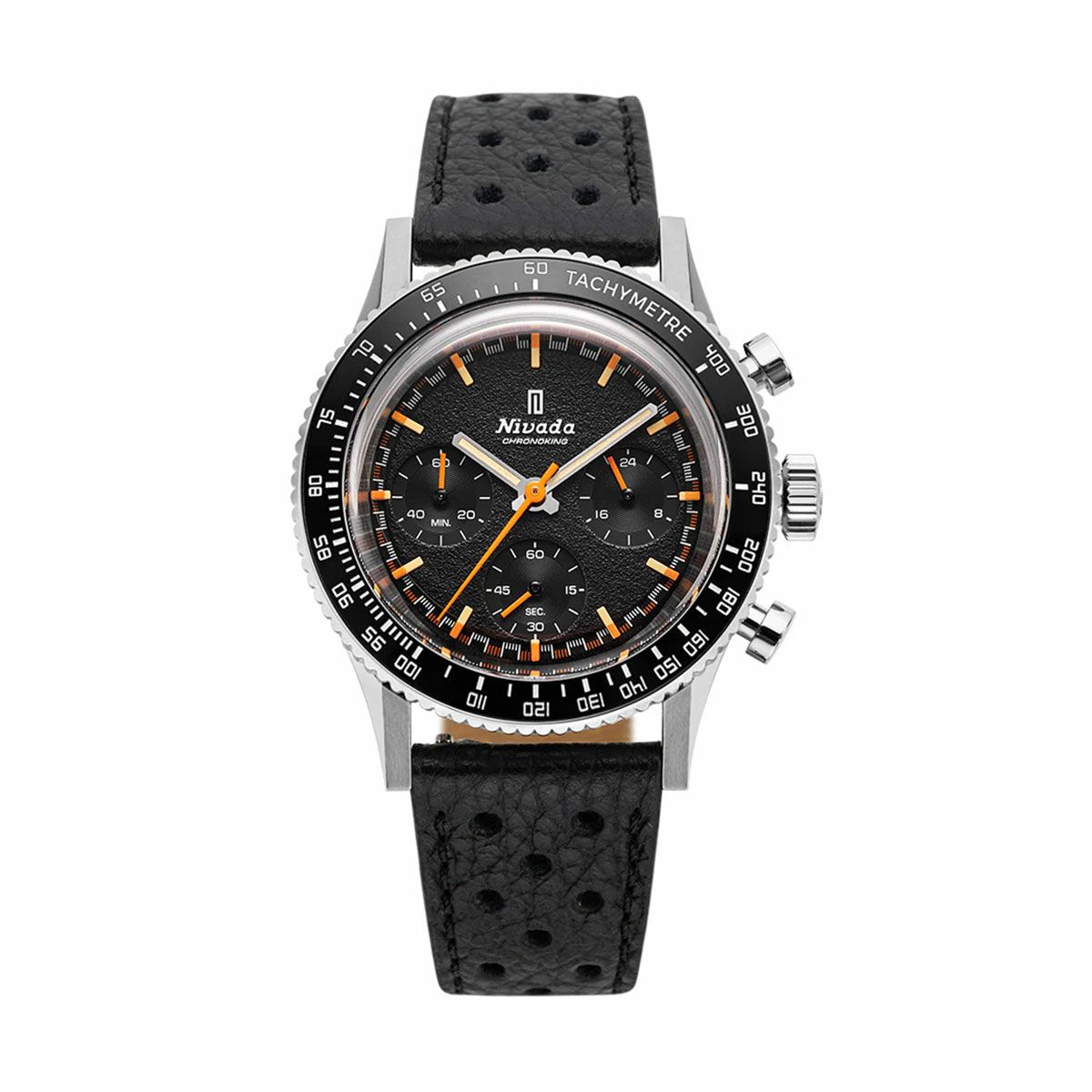 Nivada Grenchen / ニバダ グレンヒェン クロノキング メカクォーツ 5カラー インターベゼル タキメーター セット ブラックテクスチャー レーシング レザー ストラップの公式ECサイト掲載画像