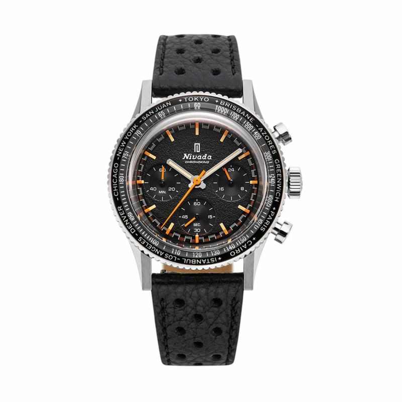 Nivada Grenchen / ニバダ グレンヒェン クロノキング メカクォーツ 5カラー インターベゼル GMT セット ブラックテクスチャー レーシング レザー ストラップの公式ECサイト掲載画像