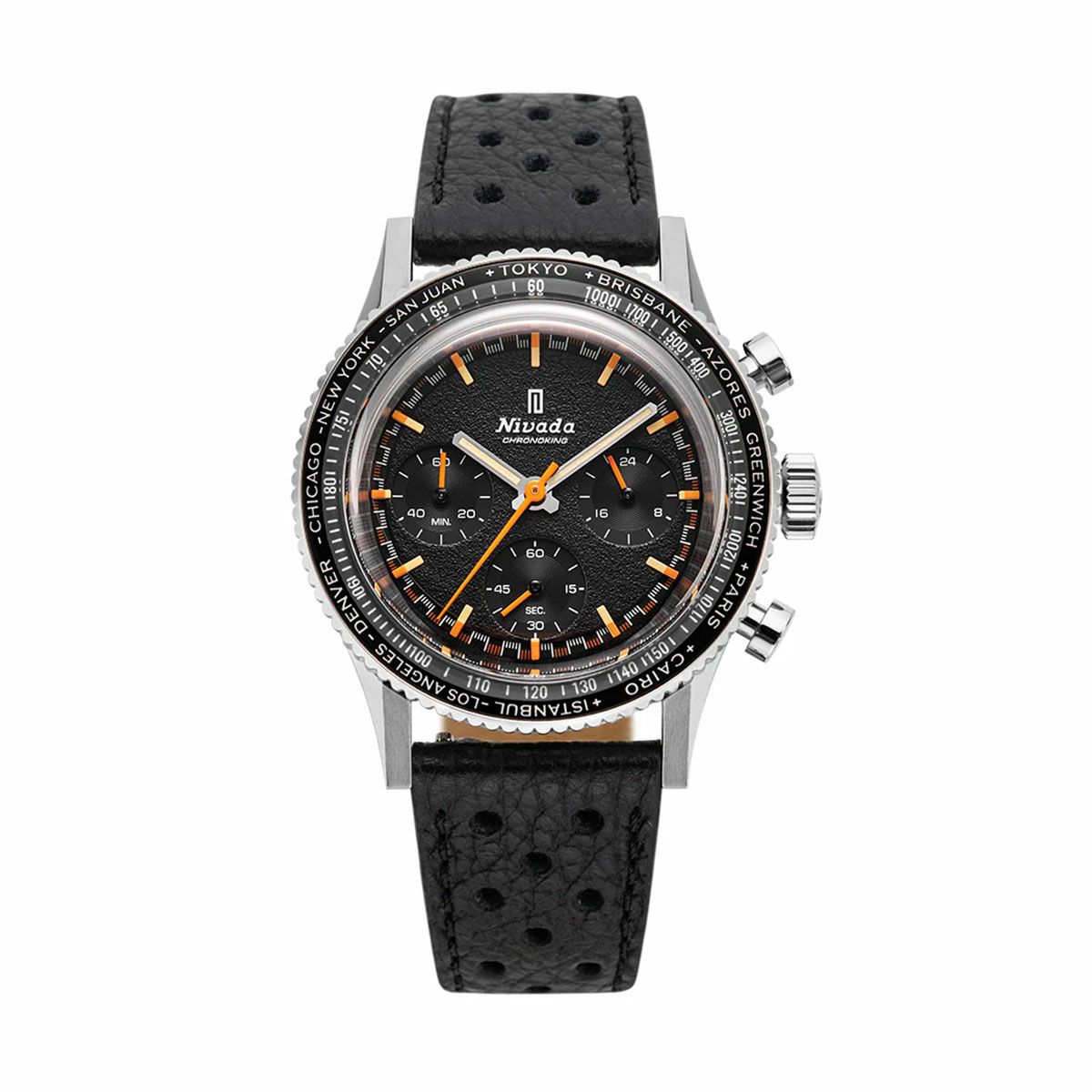 Nivada Grenchen / ニバダ グレンヒェン クロノキング メカクォーツ 5カラー インターベゼル GMT セット ブラックテクスチャー レーシング レザー ストラップの公式ECサイト掲載画像