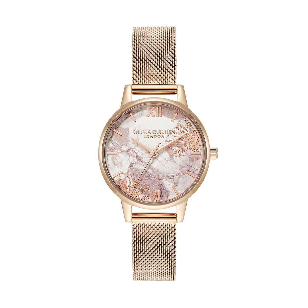 OLIVIA BURTON / オリビア・バートン シグネチャー - ミディアブストラクトフローラル ローズゴールド メッシュの公式ECサイト掲載画像