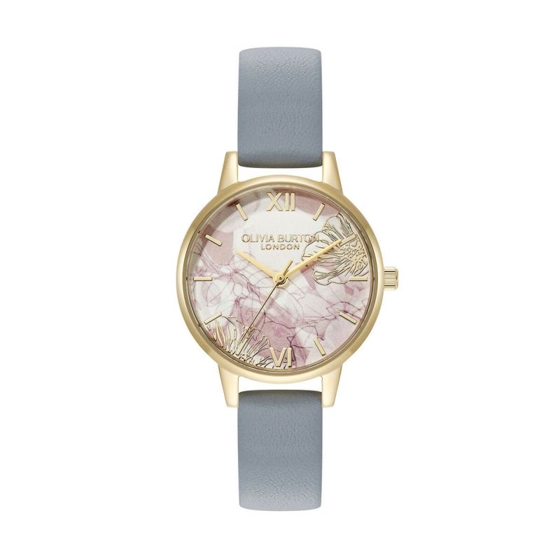 OLIVIA BURTON / オリビア・バートン シグネチャー - ミディアブストラクトフローラル ゴールド チョークブルー レザーの公式ECサイト掲載画像