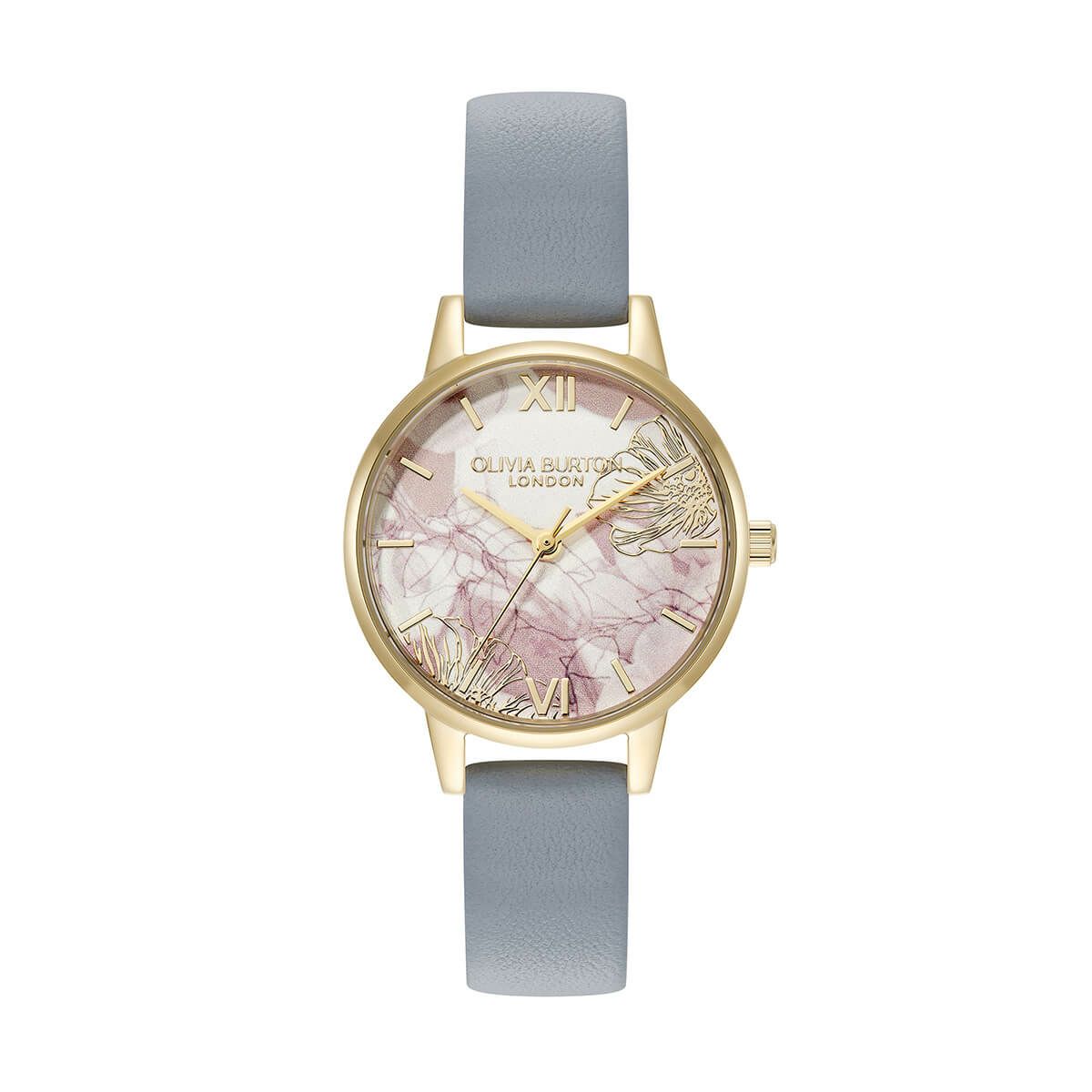OLIVIA BURTON / オリビア・バートン シグネチャー - ミディアブストラクトフローラル ゴールド チョークブルー レザーの公式ECサイト掲載画像