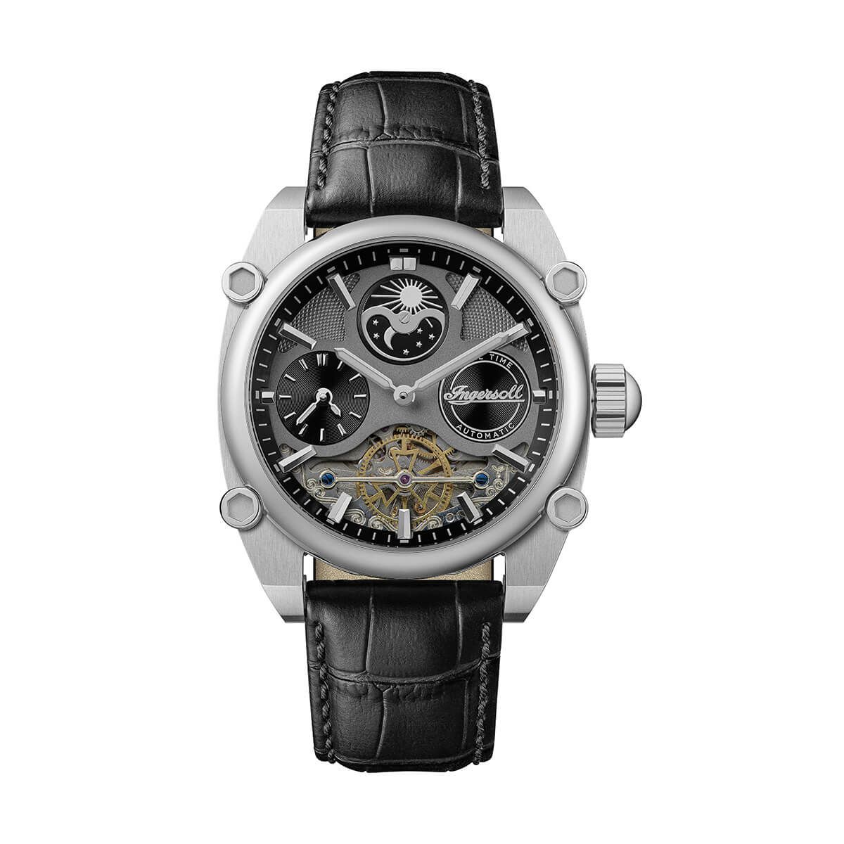 Ingersoll / インガソール ザ ヴァーシティ オートマチックウォッチ グレースケルトンダイヤル ブラックレザーの公式ECサイト掲載画像