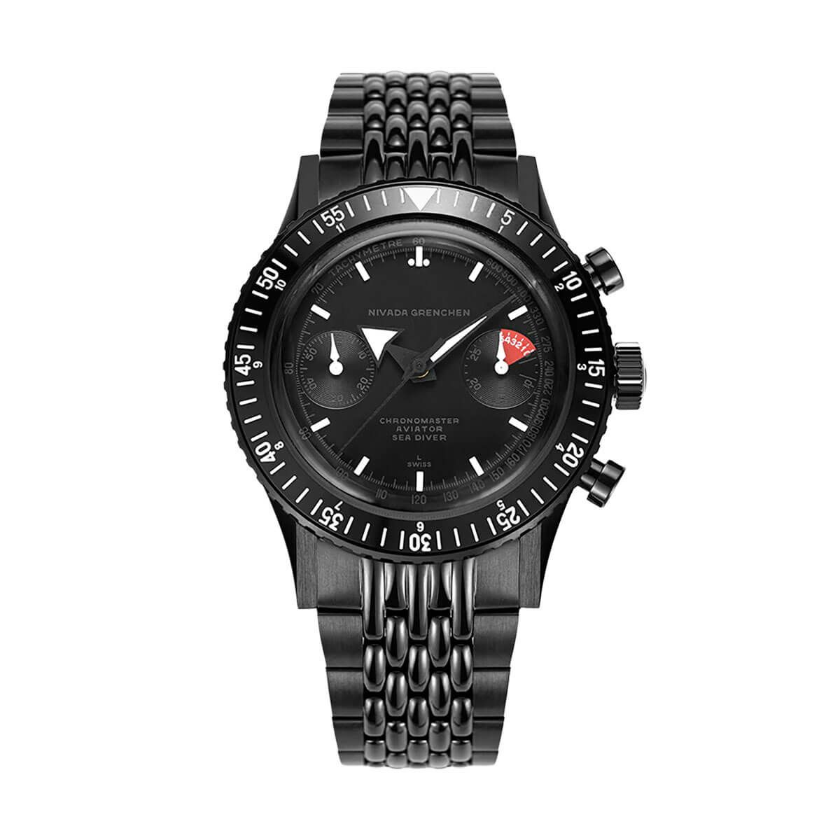 ［世界50本限定］Nivada Grenchen / ニバダ グレンヒェン クロノマスター アビエーター シー ダイバー フルブラック リミテッドエディション ライス ブレスレットの公式ECサイト掲載画像