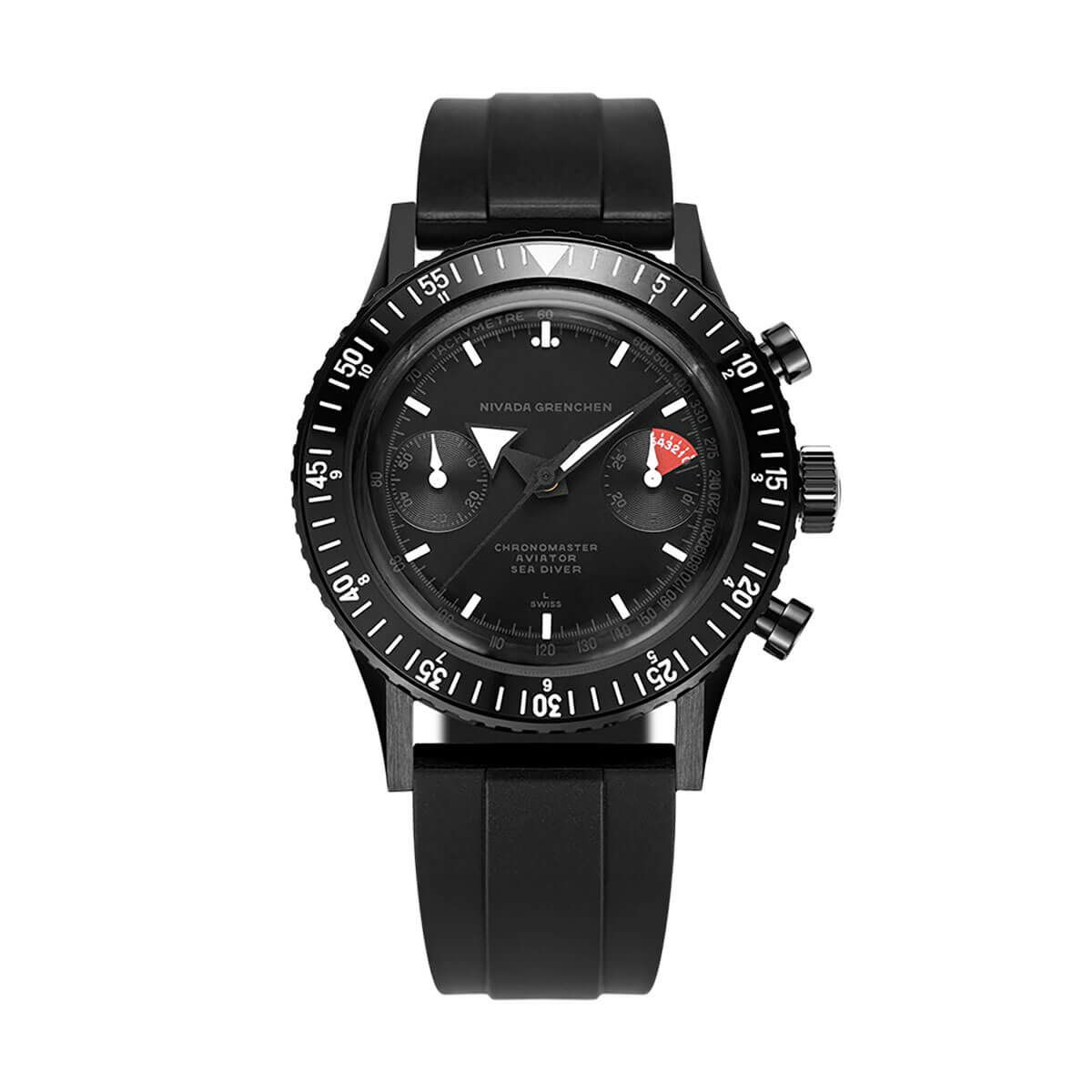 ［世界50本限定］Nivada Grenchen / ニバダ グレンヒェン クロノマスター アビエーター シー ダイバー フルブラック リミテッドエディション ブラックラバー ストラップの公式ECサイト掲載画像