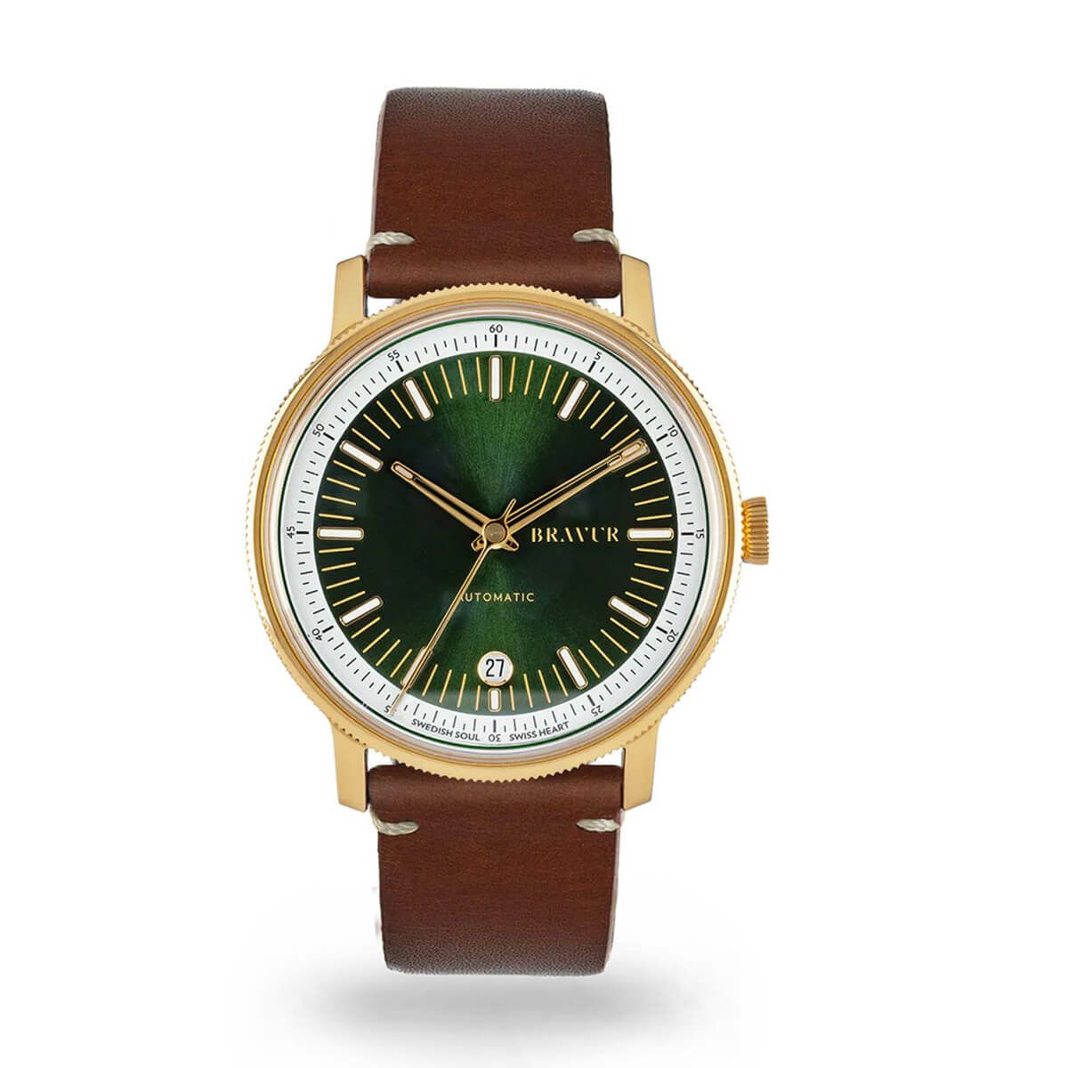 BRAVUR / ブラヴァ BW003 Bottle Green dial Gold PVD Brown contrast stitching leather sapphire backの公式ECサイト掲載画像