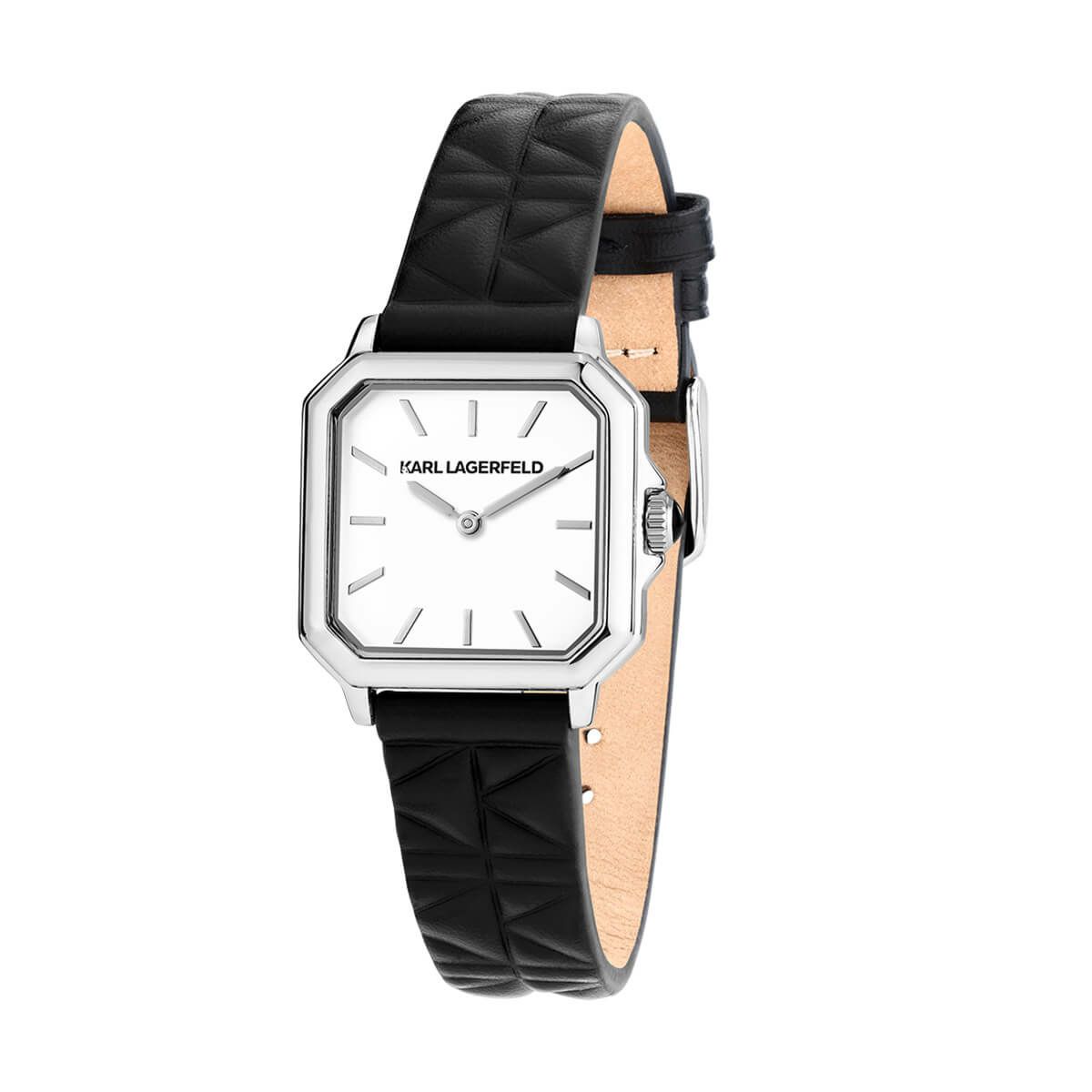 KARL LAGERFELD / カール・ラガーフェルド スクエア クラシック - ホワイト ダイヤル K キルティング ブラック レザーの公式ECサイト掲載画像