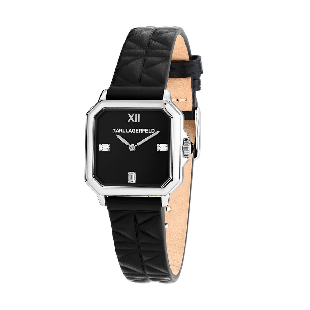 KARL LAGERFELD / カール・ラガーフェルド スクエア クラシック - ブラック クリスタルストーン ダイヤル K キルティング ブラック レザーの公式ECサイト掲載画像