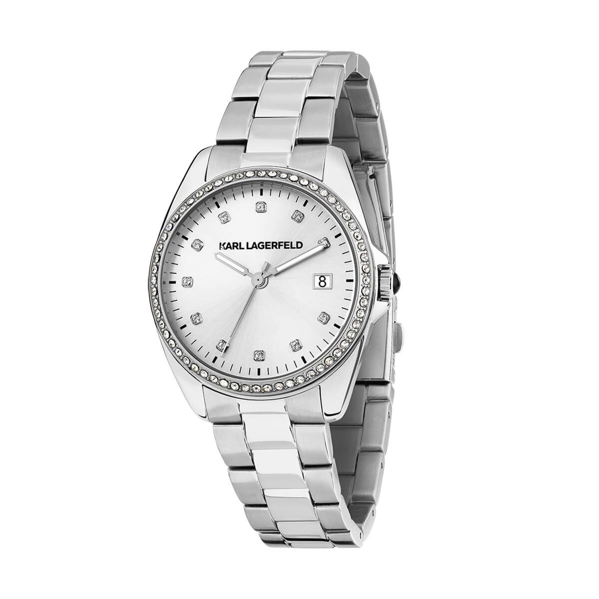 KARL LAGERFELD / カール・ラガーフェルド ラウンド エッセンシャル - シルバー サンレイ クリスタル ダイヤル シルバー ブレスレットの公式ECサイト掲載画像