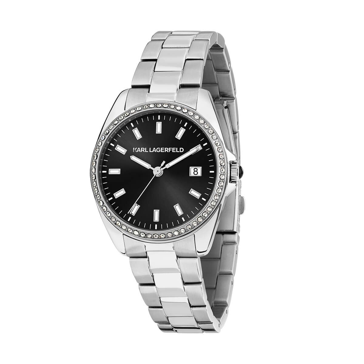 KARL LAGERFELD / カール・ラガーフェルド ラウンド エッセンシャル - ブラック サンレイ クリスタル ダイヤル シルバー ブレスレットの公式ECサイト掲載画像