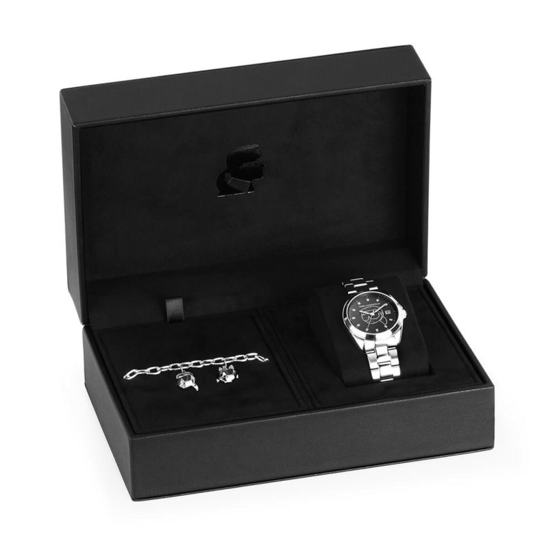 KARL LAGERFELD / カール・ラガーフェルド ラウンド エッセンシャル - スペシャル ボックス - ブラック クリスタル ダイヤモンドダスト アイコン ダイヤル シルバー ブレスレット & カール+シュペット チャーム ブレスレットの公式ECサイト掲載画像