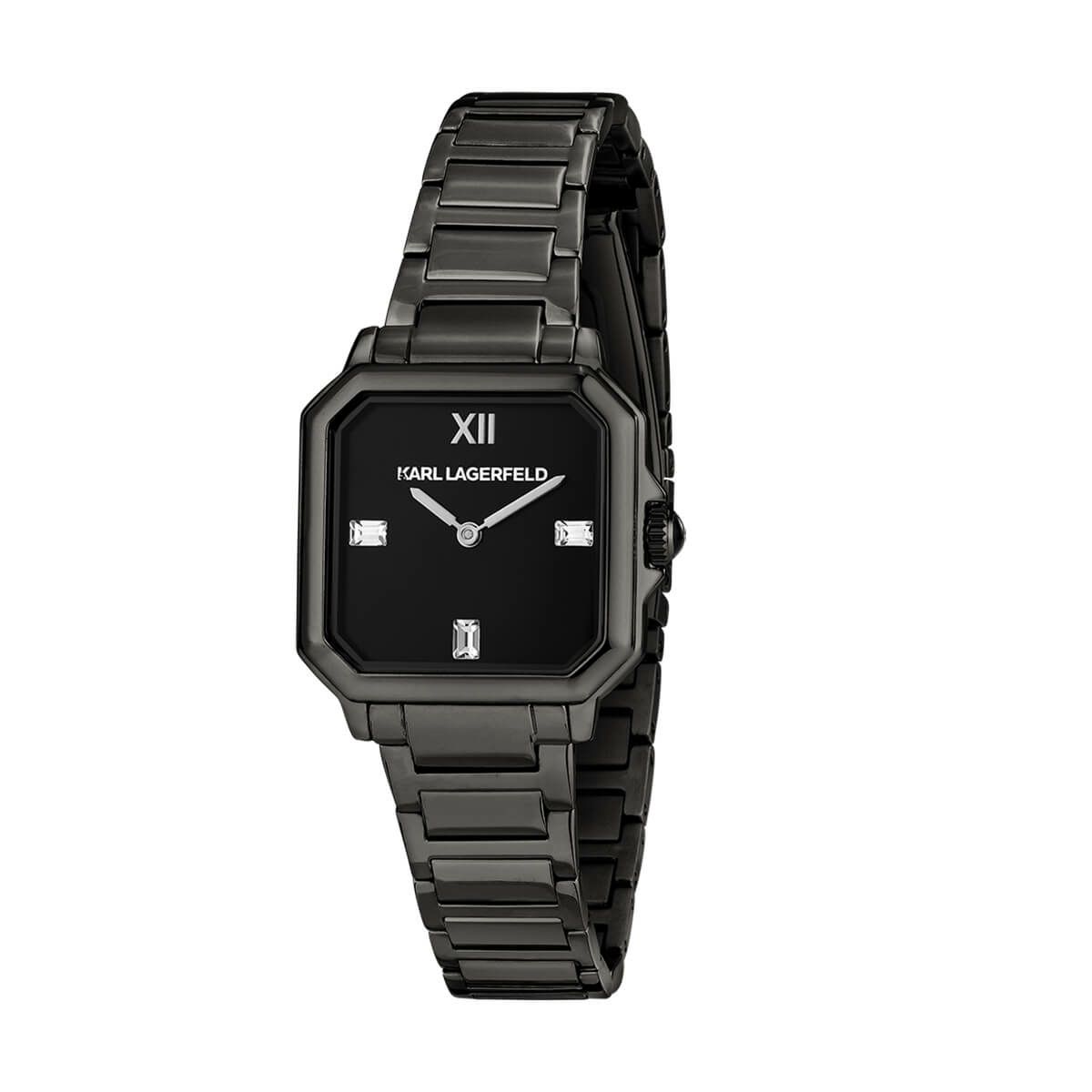 KARL LAGERFELD / カール・ラガーフェルド スクエア クラシック - ブラック サンレイ クリスタルストーン ダイヤル IP ガン ブレスレットの公式ECサイト掲載画像