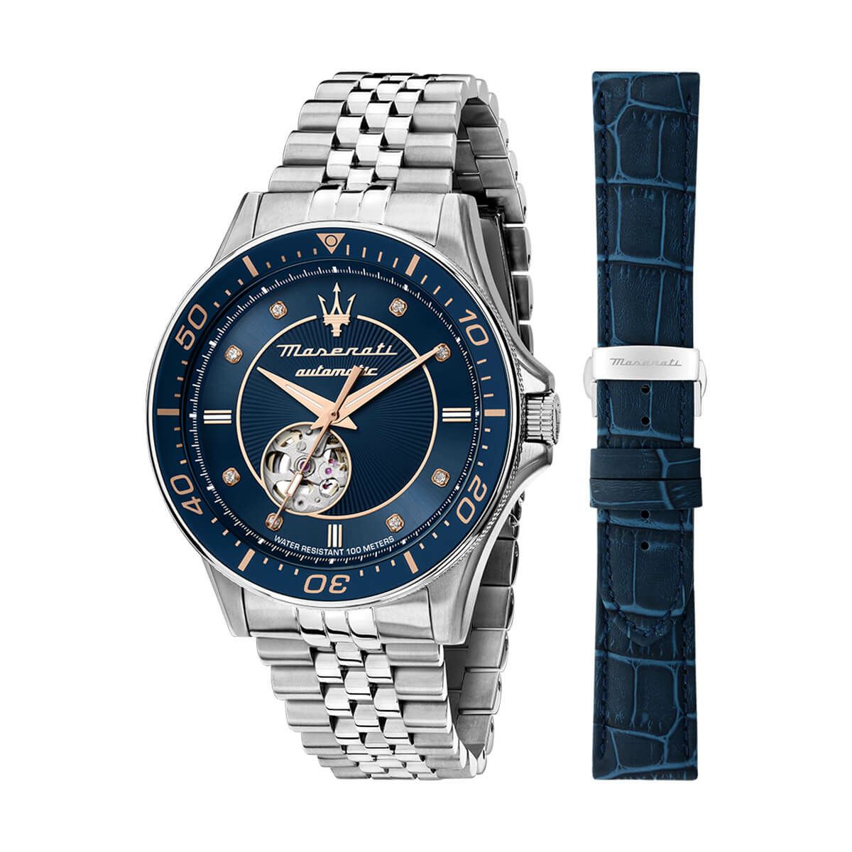 Maserati / マセラティ スフィーダ 44MM オートマチック ブルー/ダイヤモンドダイヤル シルバーステンレススチールブレスレット ＆ ブルーレザーベルトの公式ECサイト掲載画像