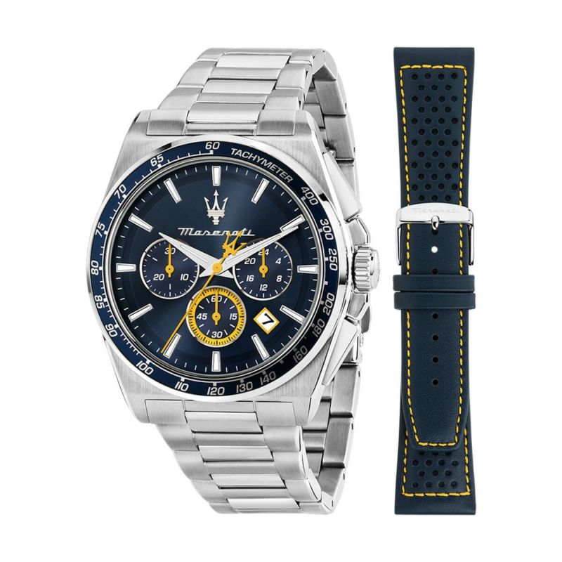 Maserati / マセラティ ベロチタ モデナエディション 43MM クロノ グラフ ブルーダイヤル シルバーステンレススチールブレスレット ＆ ブルーレザーベルトの公式ECサイト掲載画像