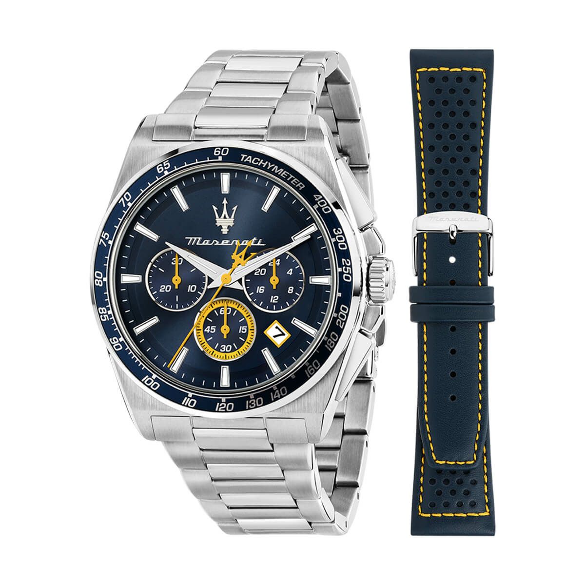 Maserati / マセラティ ベロチタ モデナエディション 43MM クロノ グラフ ブルーダイヤル シルバーステンレススチールブレスレット ＆ ブルーレザーベルトの公式ECサイト掲載画像