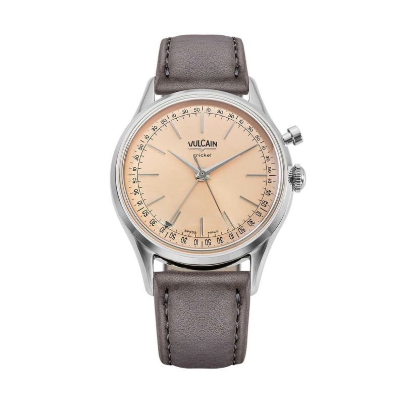VULCAIN / ヴァルカン ［50本限定］クリケット プレジデント 36mm スチールケース サファイアケースバック セミマットサーモンサンレイダイヤル グレーカーフレザーストラップの公式ECサイト掲載画像