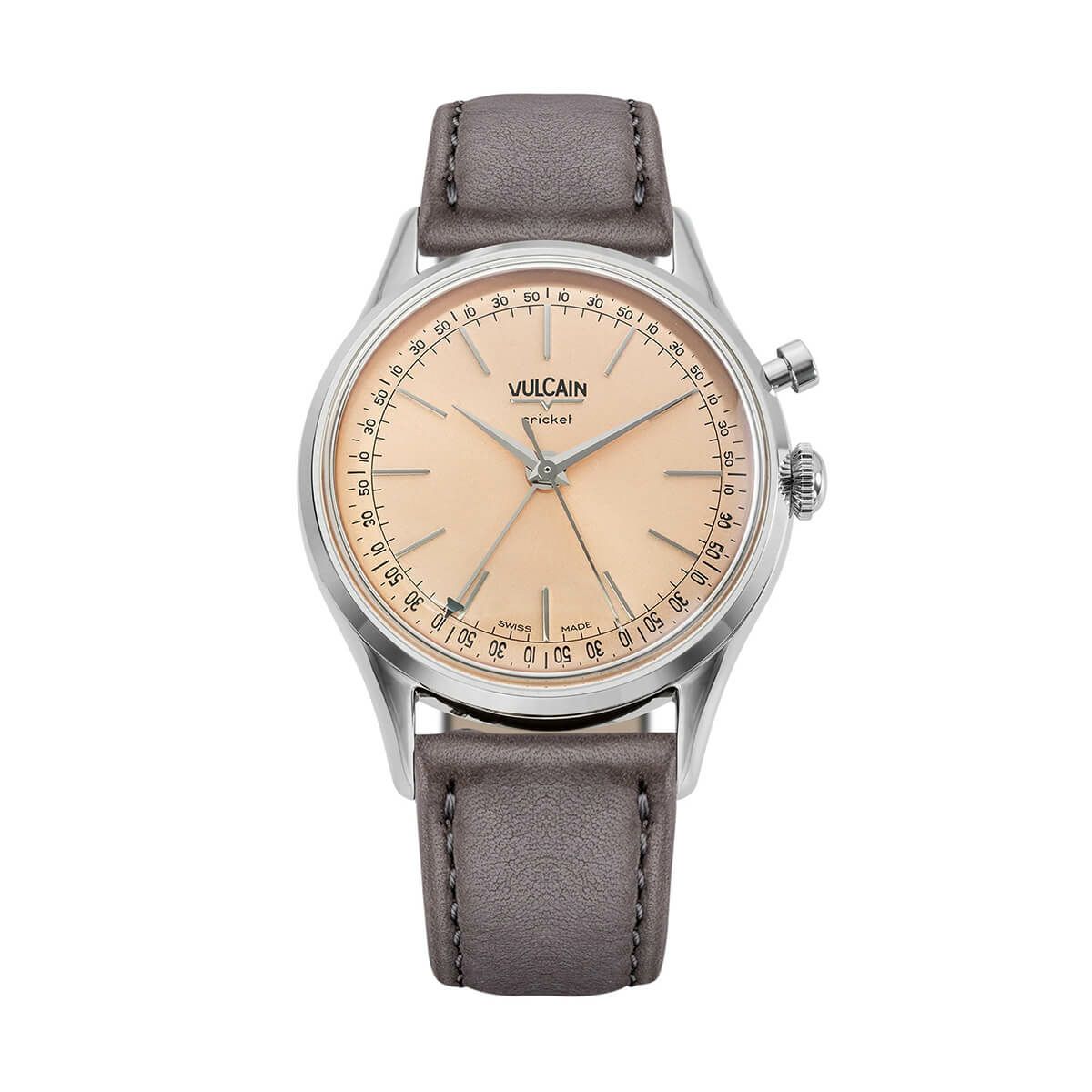 VULCAIN / ヴァルカン ［50本限定］クリケット プレジデント 36mm スチールケース サファイアケースバック セミマットサーモンサンレイダイヤル グレーカーフレザーストラップの公式ECサイト掲載画像