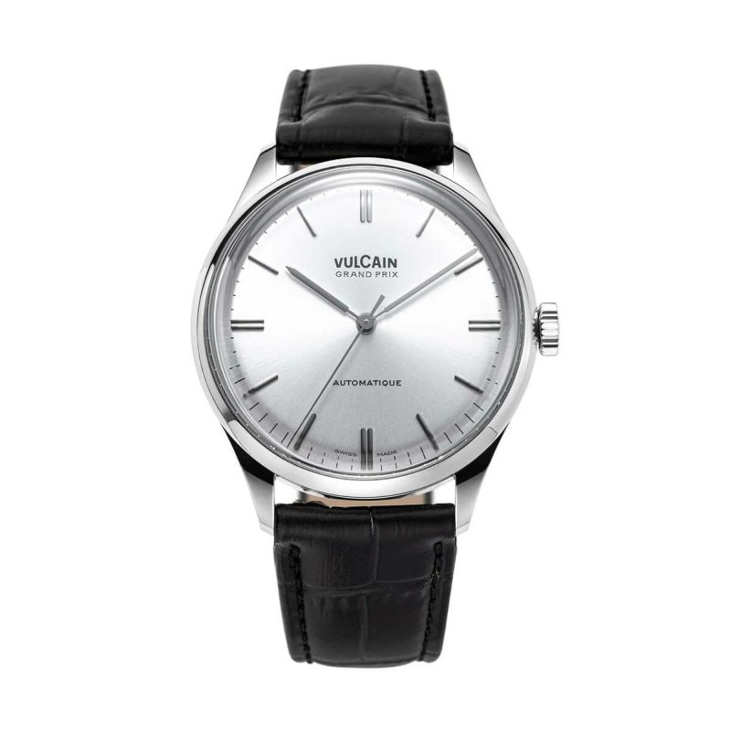 VULCAIN / ヴァルカン グランプリ スチールケース スチールフルケースバック セミグロスシルバーダイヤル ブラックカーフスキンレザーアリゲータープリントストラップの公式ECサイト掲載画像