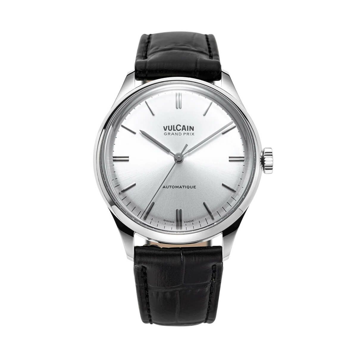 VULCAIN / ヴァルカン グランプリ スチールケース スチールフルケースバック セミグロスシルバーダイヤル ブラックカーフスキンレザーアリゲータープリントストラップの公式ECサイト掲載画像