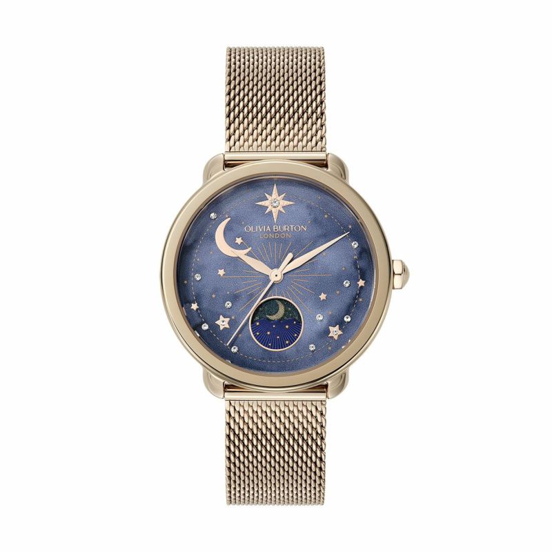 OLIVIA BURTON / オリビア・バートン セレスティアル 34mm ムーンフェイズ ネイビー＆ローズゴールドメッシュの公式ECサイト掲載画像