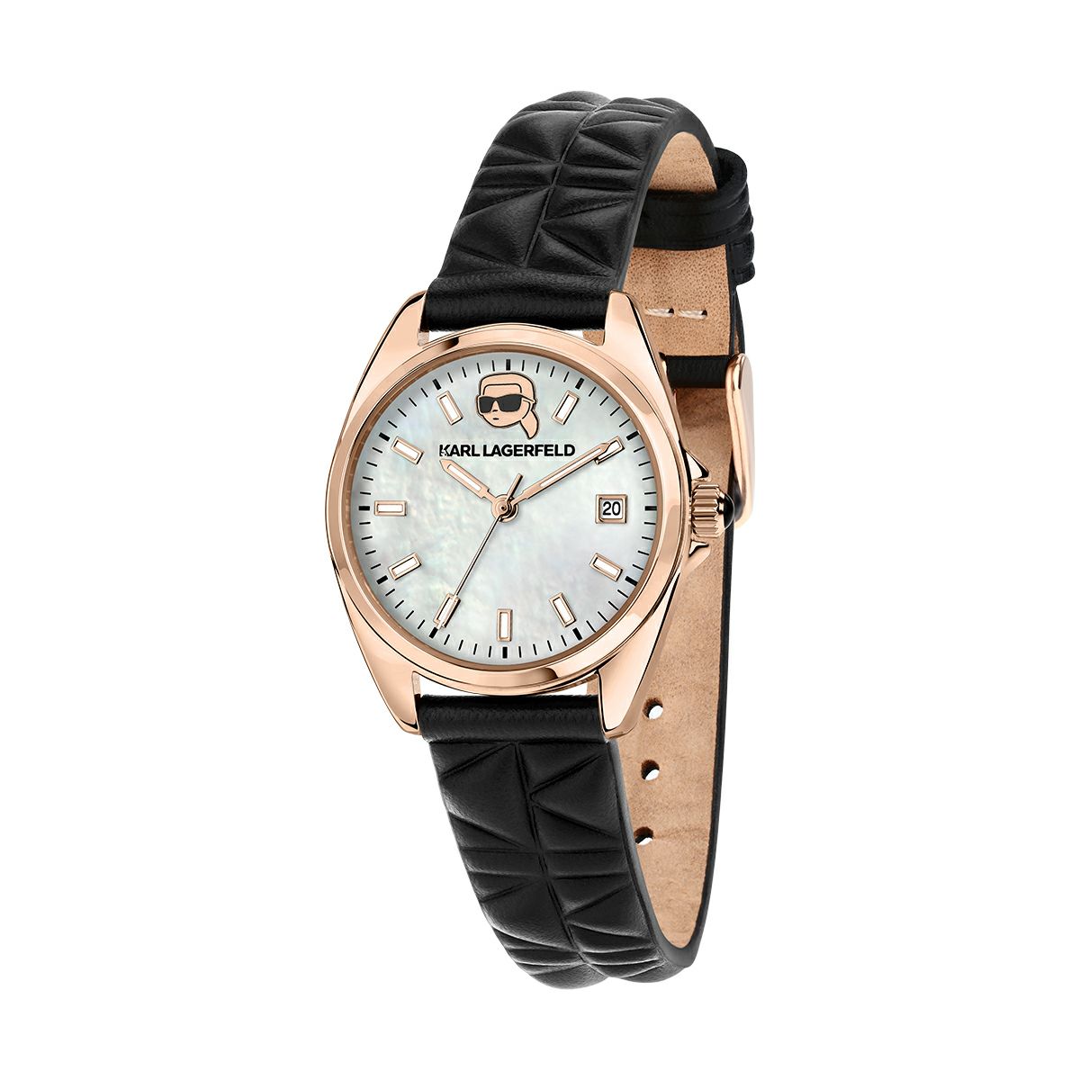 KARL LAGERFELD / カール・ラガーフェルド ラウンド エッセンシャル - ホワイト MOP ローズゴールド アイコン ダイヤル ブラック レザーの公式ECサイト掲載画像