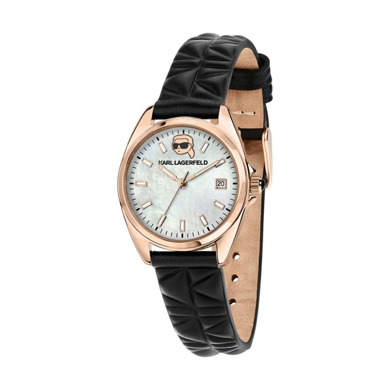 KARL LAGERFELD / カール・ラガーフェルド ラウンド エッセンシャル - ホワイト MOP ローズゴールド アイコン ダイヤル ブラック レザーの公式ECサイト掲載画像